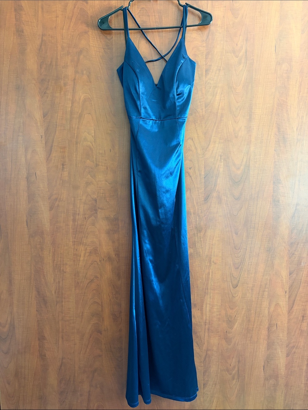 Windsor Blue Satin Spaghetti-Strap Prom Dress